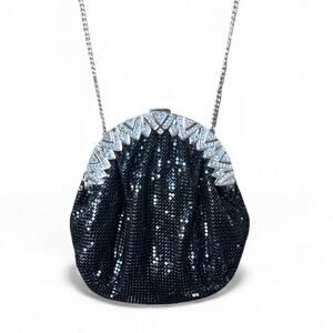 VTG Whiting & Davis Black Mesh Evening Purse Swarovski Crystal Clasp 6.5" Bag